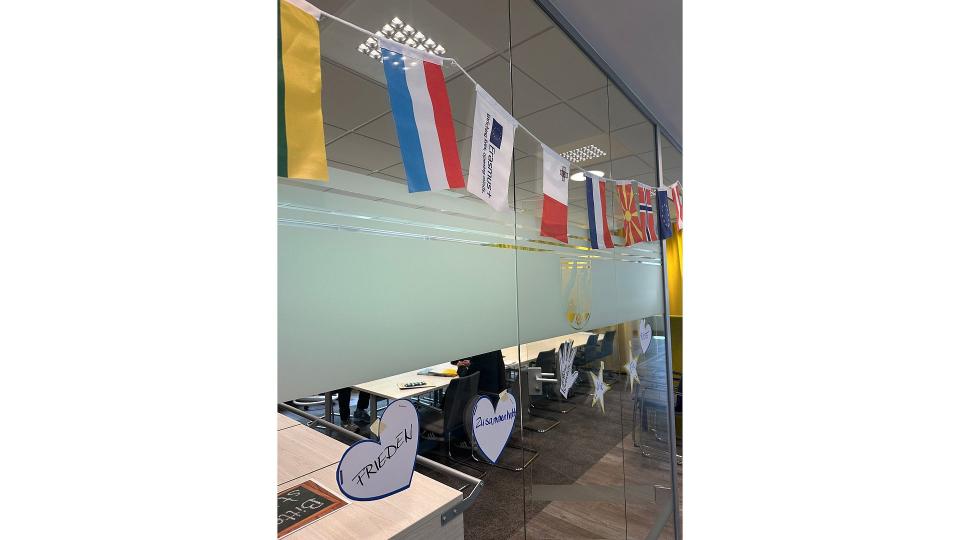 Abgebildet sind mehrere europäische Flaggen, die an eine Glastür geklebt wurden. 
