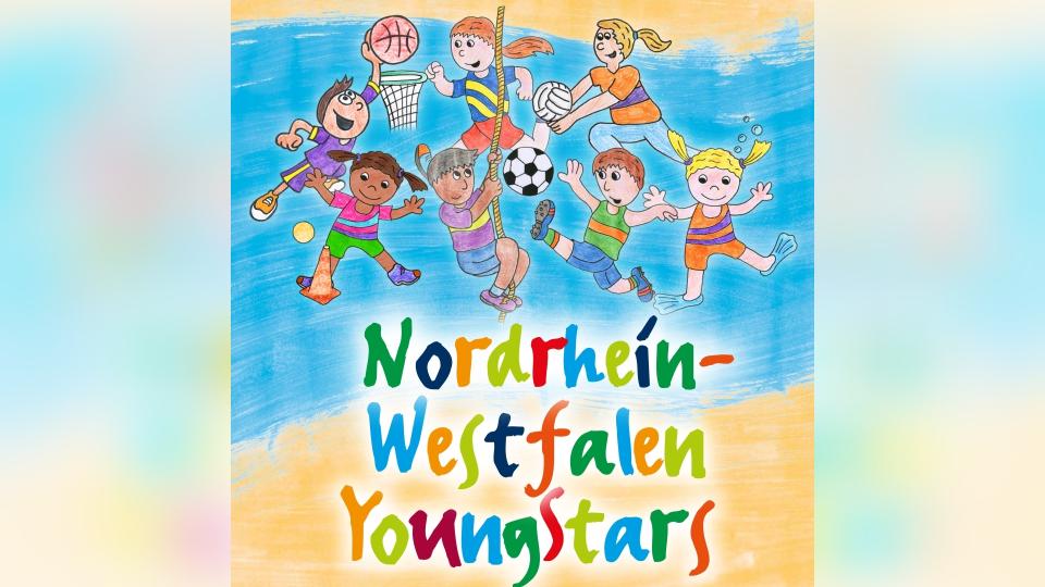 Zeichnerisch abgebildet sind sieben Kinder, die unterschiedliche Sportarten ausüben. Im unteren Bereich steht in verschiedenen Farben "Westfalen YoungStars" geschrieben. 