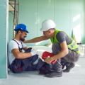 Ein Handwerker auf einer Baustelle hält sich schmerzend das Knie ein Weiterer Handwerker kniet mit einer Erste-Hilfe Tasche vor Ihm